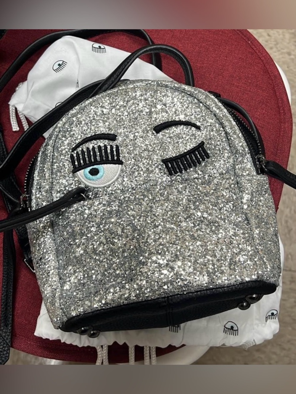 Chiara Ferragni Silver Glitter Winking Eye Mini Backpack with Black Trim